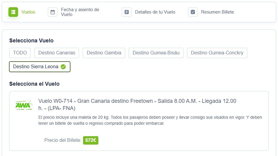 Reserva Vuelo directo W0‑714: Gran Canaria (LPA) → Freetown (FNA) en 3 horas Reserva Vuelo directo W0‑714: Gran Canaria (LPA) → Freetown (FNA) en 3 horas
