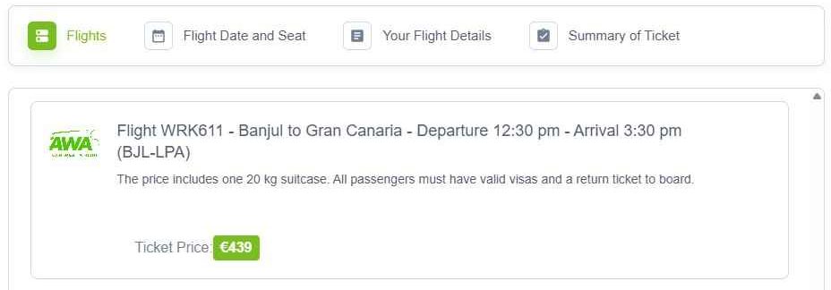 Book the direct flight WRK611: Banjul (BJL) to Gran Canaria (LPA) in 3 hours