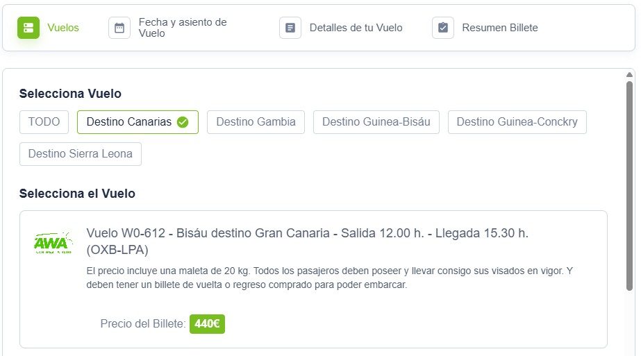 Reserva Vuelo directo WRK612: Bisáu (OXB) → Gran Canaria (LPA) en 3 horas y 30 minutos