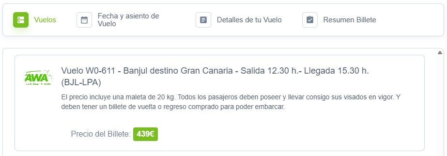 Reserva Vuelo directo WRK611: Banjul (BJL) → Gran Canaria (LPA) en 3 horas Reserva Vuelo directo WRK611: Banjul (BJL) → Gran Canaria (LPA) en 3 horas