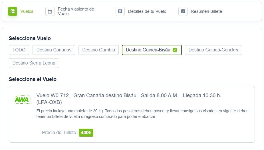 Reserva Vuelo directo WRK712: Gran Canaria (LPA) → Bisáu (OXB) en 2 horas y 30 minutos