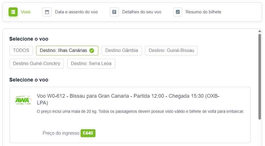 Reserve o Voo direto WRK612: Bissau (OXB) → Gran Canaria (LPA) em 3 horas e 30 minutos Reserve o Voo direto WRK612: Bissau (OXB) → Gran Canaria (LPA) em 3 horas e 30 minutos