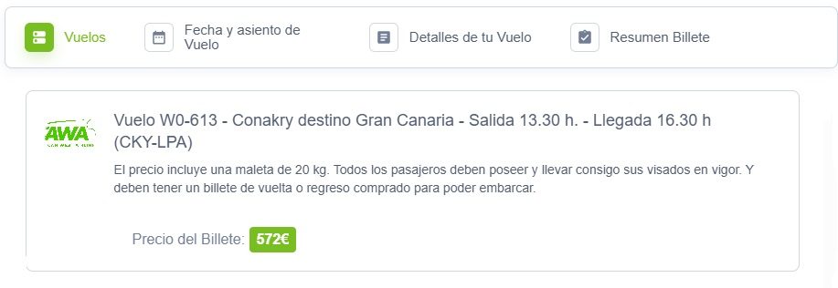 Reserva Vuelo directo W0‑613: Conakry (CKY) → Gran Canaria (LPA) en 3 horas
