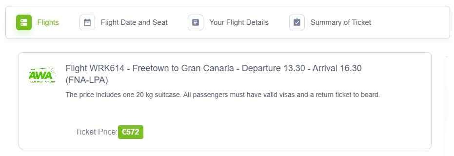 Book the direct flight WRK614: Freetown (FNA) → Gran Canaria (LPA) in 3 hours