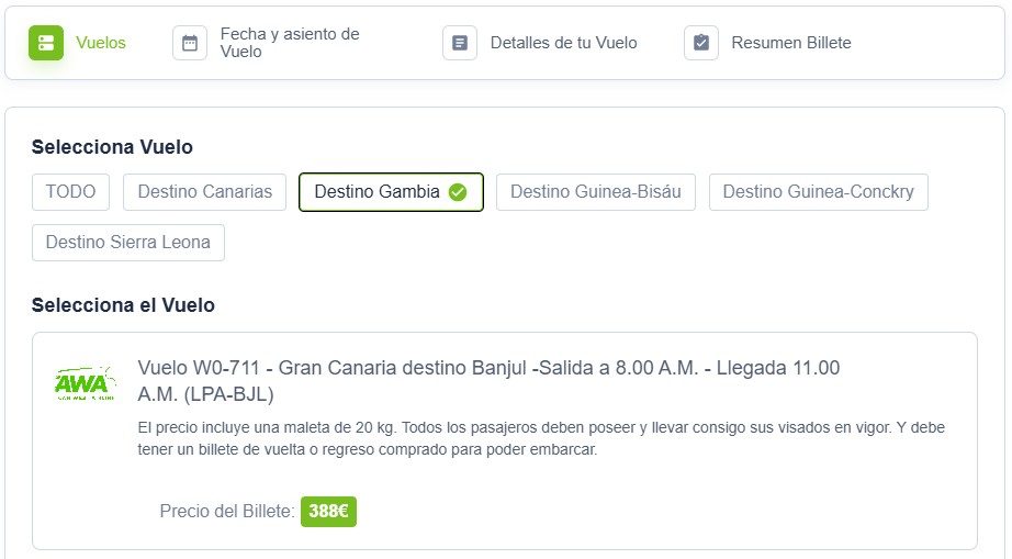 Reserva Vuelo directo W0‑711: Gran Canaria (LPA) → Banjul (BJL) en 3 horas Reserva Vuelo directo W0‑711: Gran Canaria (LPA) → Banjul (BJL) en 3 horas