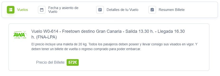 Reserva Vuelo directo W0‑614: Freetown (FNA) → Gran Canaria (LPA) en 3 horas Reserva Vuelo directo W0‑614: Freetown (FNA) → Gran Canaria (LPA) en 3 horas