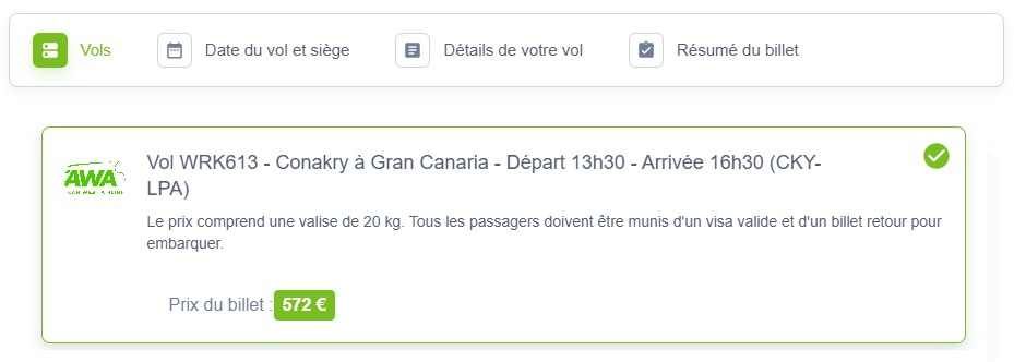 Réservez le vol direct WRK613 : Conakry (CKY) à Gran Canaria (LPA) en 3 heures