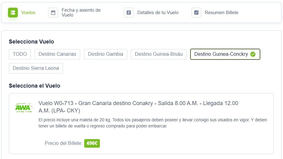Reserva Vuelo directo W0‑713: Gran Canaria (LPA) → Conakry (CKY) en 3 horas