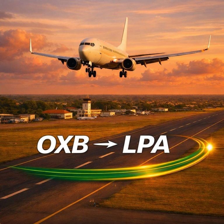 Reserva o voo direto do Aeroporto Internacional Osvaldo Vieira, na Guiné‑Bissau (OXB), com destino às Canárias. Duração: 3 horas e 30 minutos. Voo WRK612. Reserva o voo direto do Aeroporto Internacional Osvaldo Vieira, na Guiné‑Bissau (OXB), com destino às Canárias. Duração: 3 horas e 30 minuto